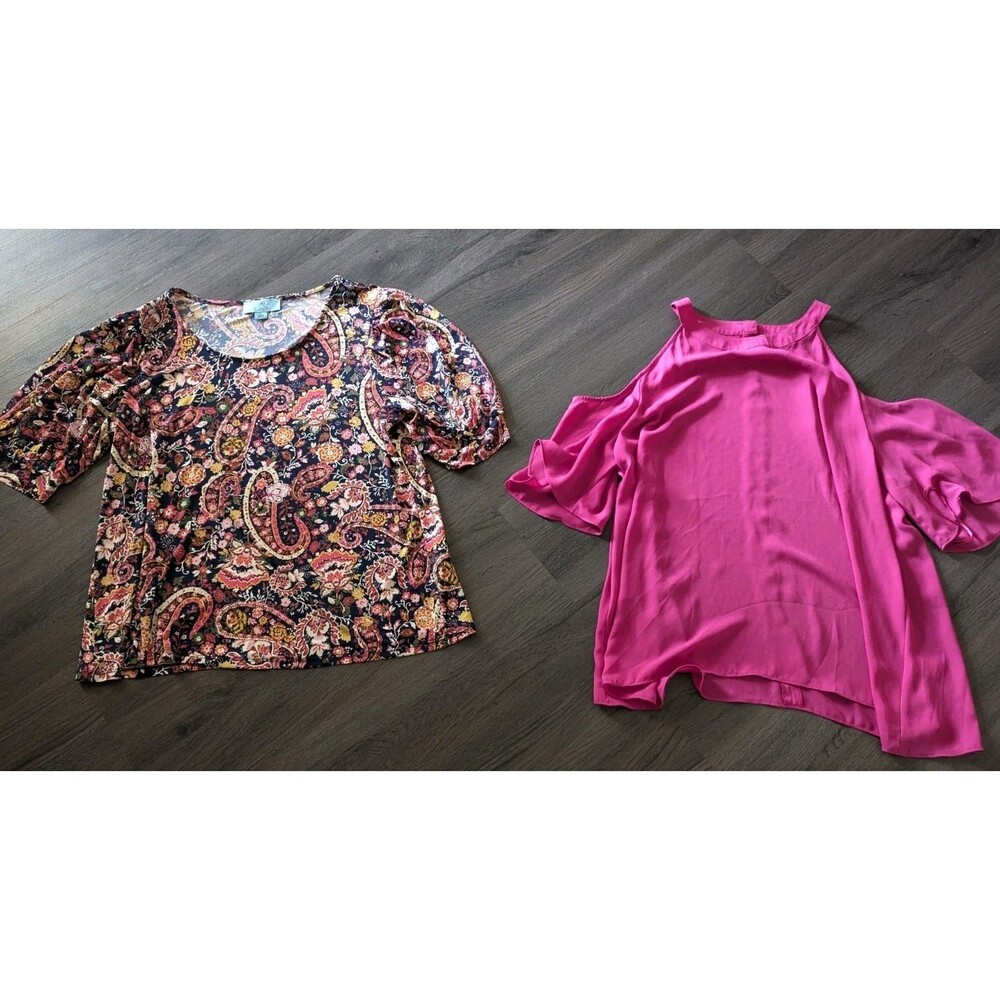 Lot Of 2 CeCe Womens Pink Paisley Career Tops XL Cold Shoulder Summer Blouse